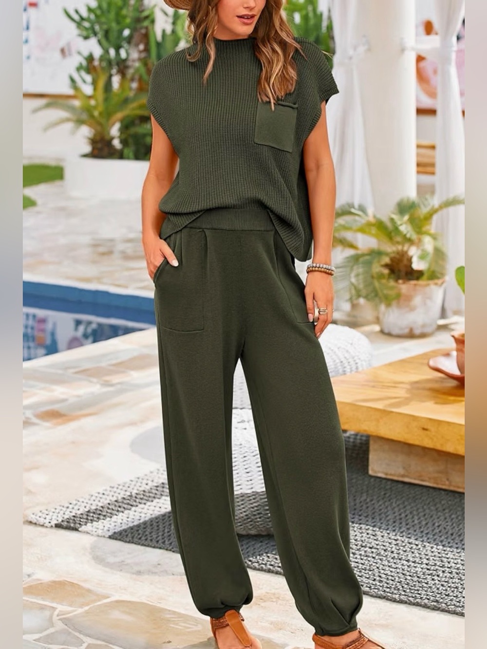 Pretty garden  Olive Knit Sleeveless Top & Jogger Set